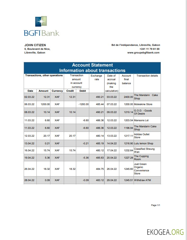 Modèle de relevé bancaire BGFI Gabon, format Excel et PDF